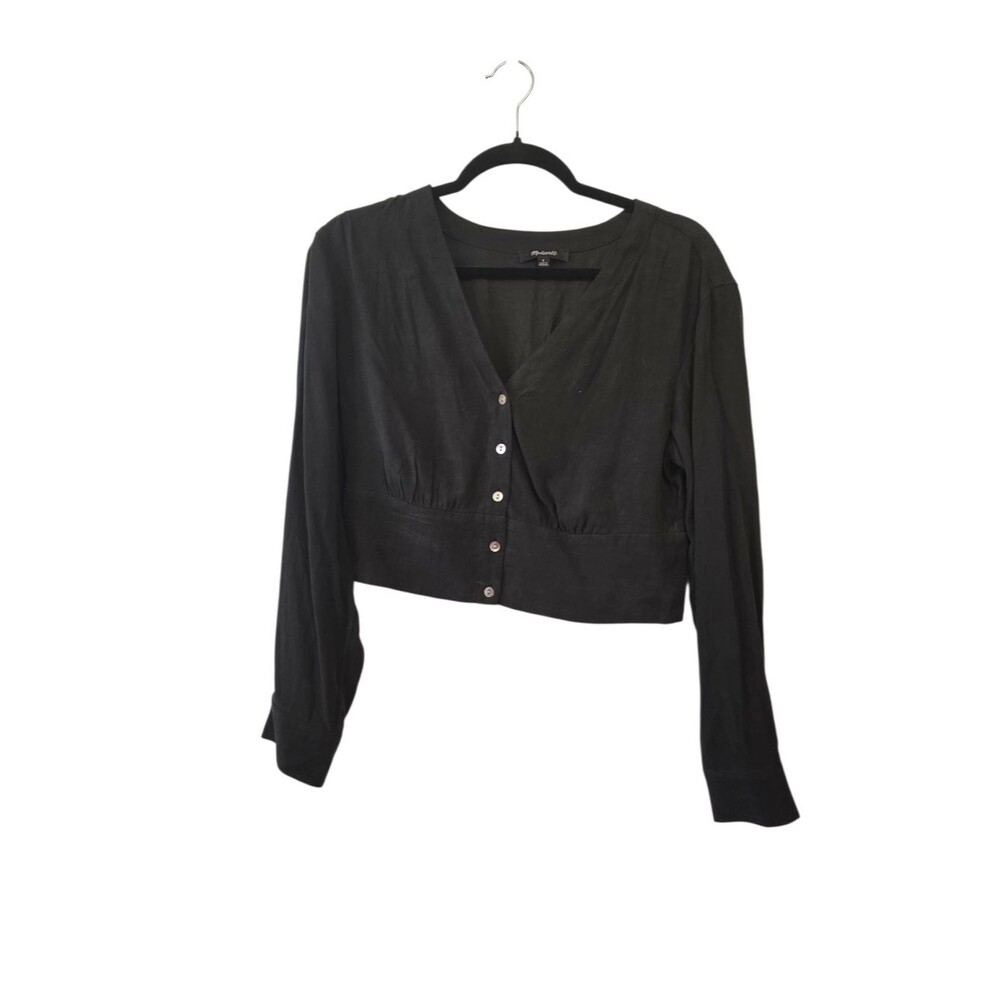 Madewell Lusterweave V-Neck Button Up Cropped Top in Black Size Small